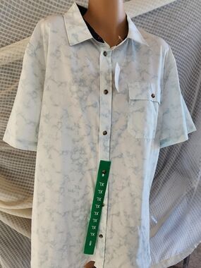 Avalanche Light Blue Marble-Print Short Sleeve Button-Down Shirt